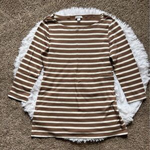 Garnet Hill 3/4 Sleeve Striped Tee in Brown and White